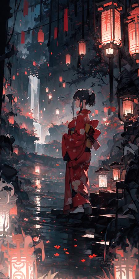 16799-2677923853-(masterpiece_1.2), best quality,PIXIV,_1girl, solo, black hair, lantern, water, standing, japanese clothes, outdoors, night, kim.png